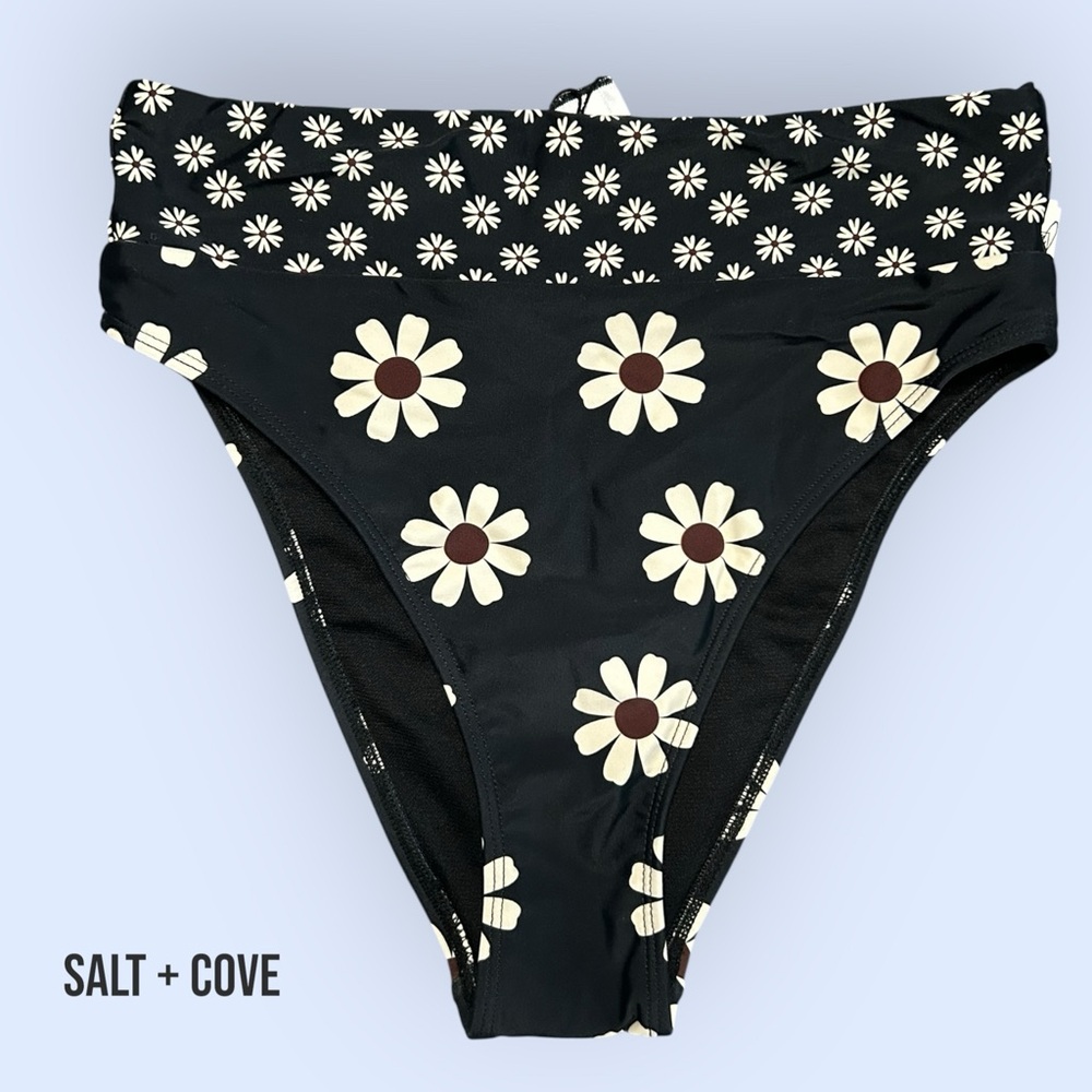 Salt + Cove Black Daisy Print High-Waisted Bikini Bottom - Size Small